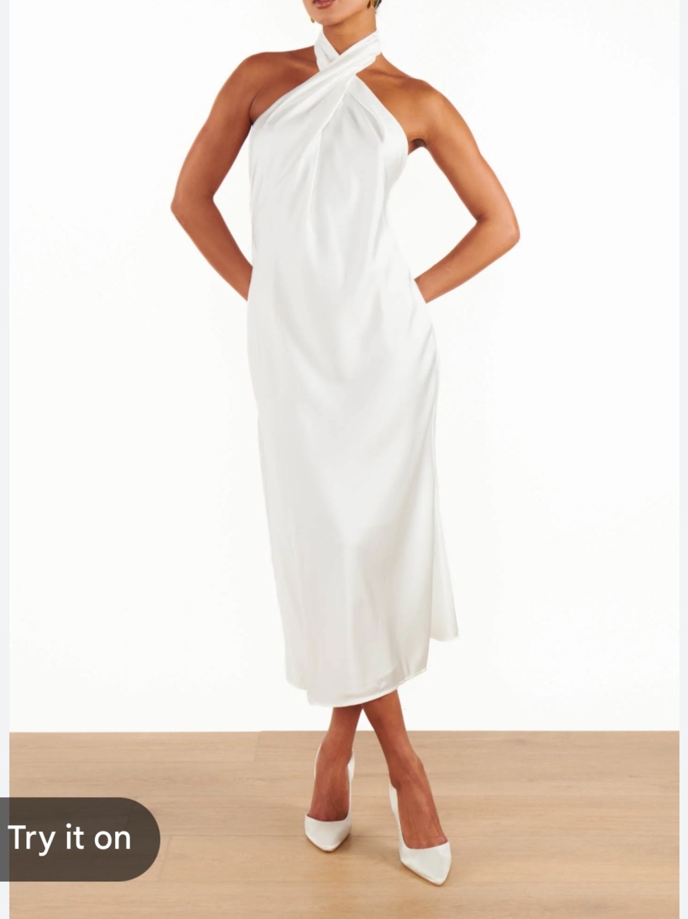 Show Me Your Mumu Ivory Cross-Neck Halter Midi Dress